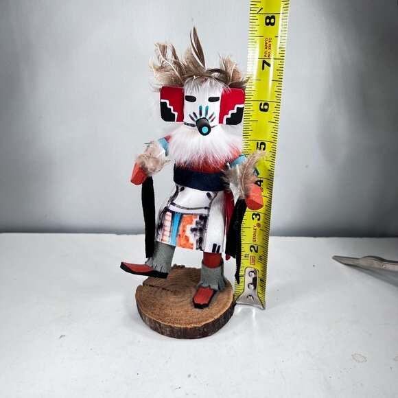 Vtg Native American Hopi Kachina Warrior Doll Signed Feathers Wooden Base - Picture 12 of 12